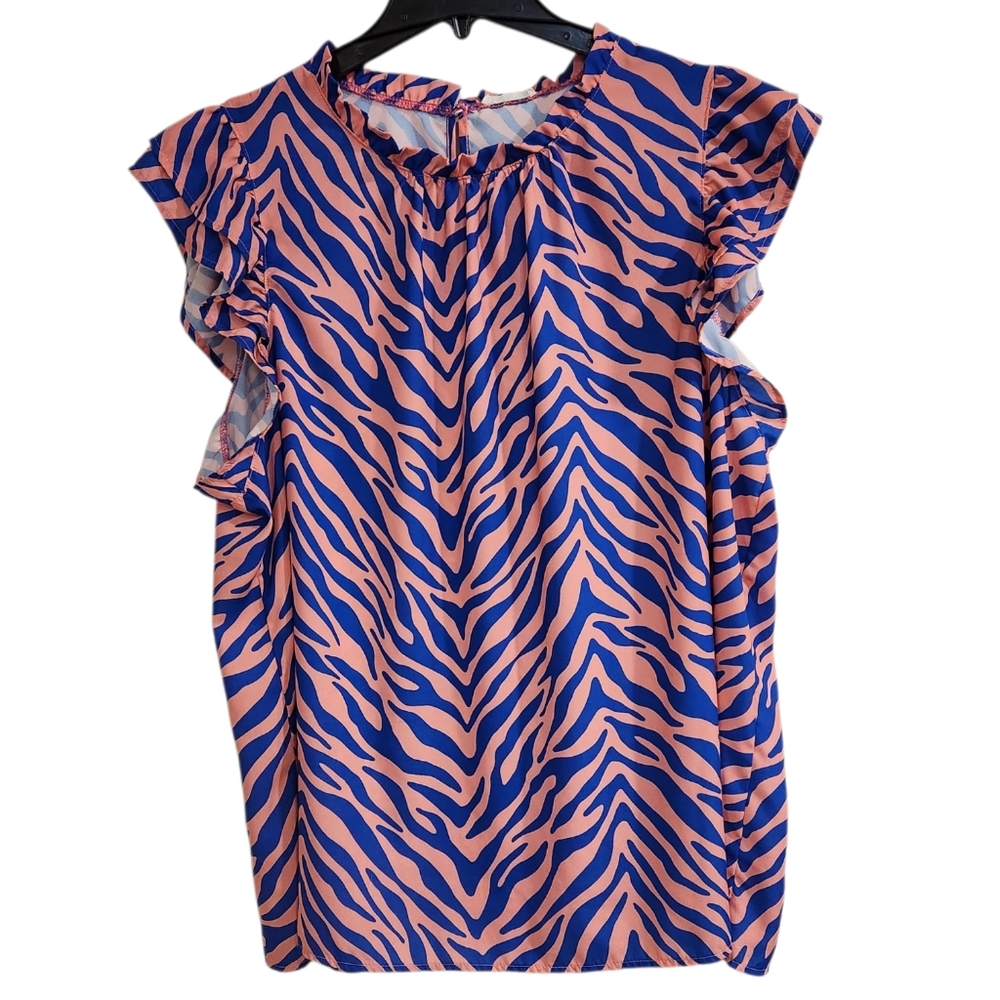 Cotton Bleu Womens Sz 2X Blouse Top Ruffle Sleeve & Neck Zebra Print Blue Coral
